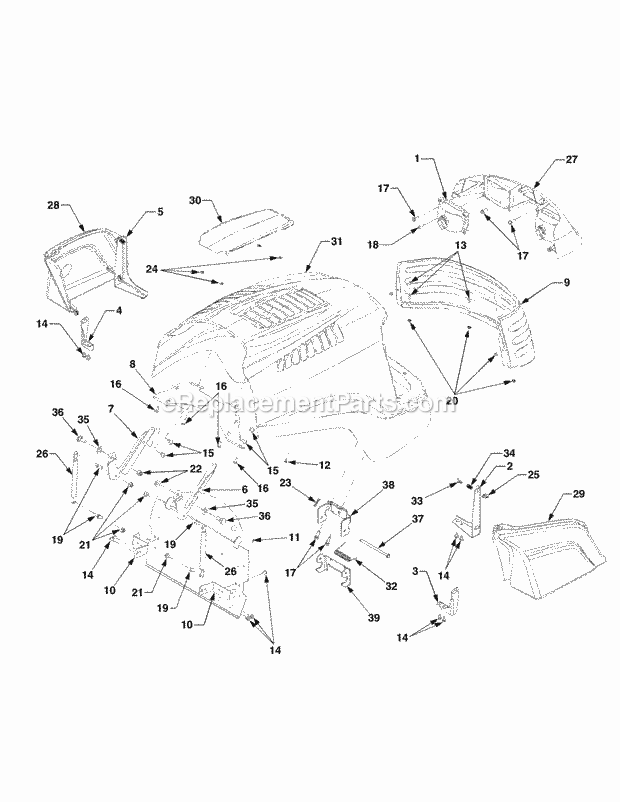 Hood With Louvers, Grill & Panels Diagram and Parts List for 5234DL 54AL544-710, 54BL544-710 Cub Cadet Lawn Tractor